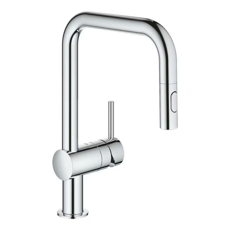 Chromová dřezová baterie Grohe Minta s vysokou otočnou výpustí a vytahovací sprškou