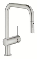Dřezová baterie Grohe Minta supersteel s vysokou otočnou výpustí a vytahovací sprškou