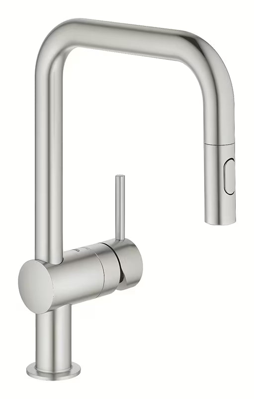 Dřezová baterie Grohe Minta supersteel s vysokou otočnou výpustí a vytahovací sprškou