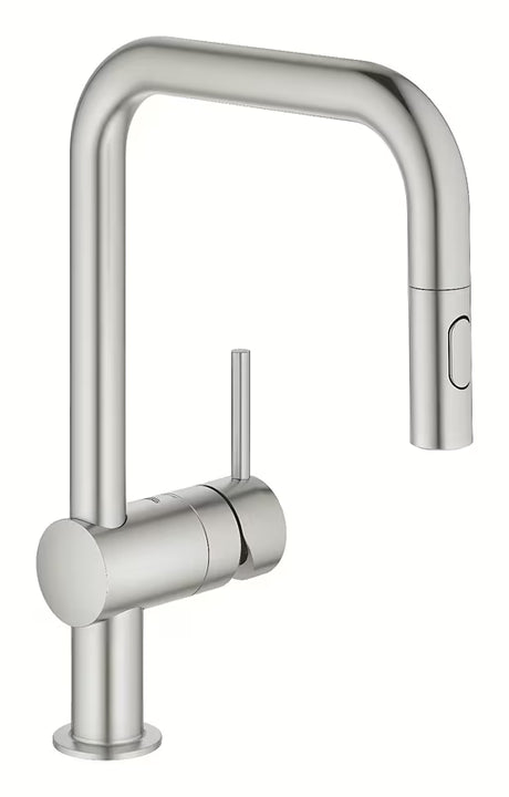 Dřezová baterie Grohe Minta supersteel s vysokou otočnou výpustí a vytahovací sprškou