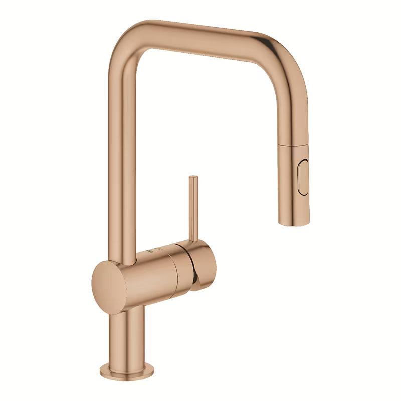 Dřezová kuchyňská baterie Grohe Minta s vysokou otočnou U výpustí a vytahovací sprškou ve warm sunset.