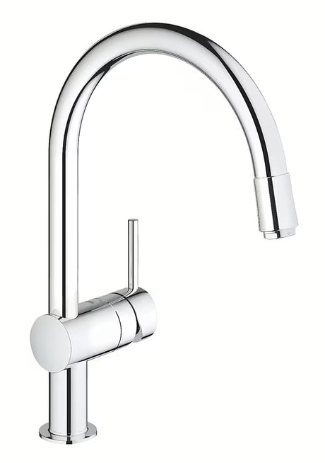 Chromová dřezová baterie Grohe Minta s vysokou C výpustí, otočením 360° a vytahovací sprškou