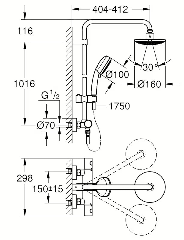 Sprchový systém Grohe New Tempesta Cosmopolitan 160 s termostatickou baterií v chromu
