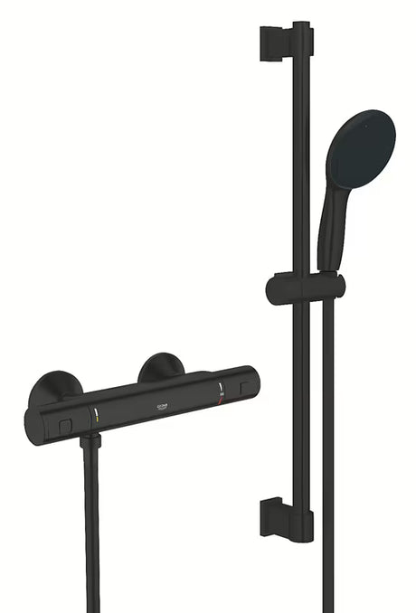 Termostatická sprchová baterie Grohe Precision Start v matné černé se sprchovou tyčí, ruční sprchou a hadicí