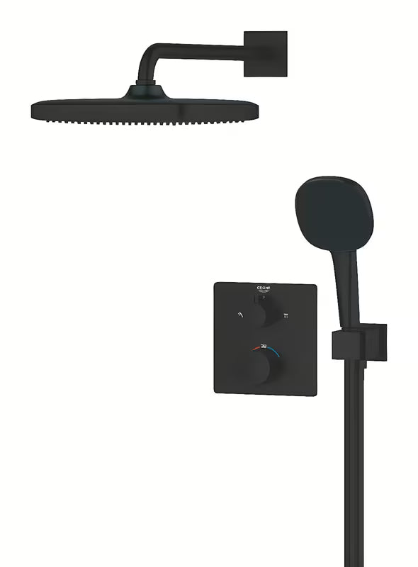 Podomítkový sprchový systém Grohe Precision Thermostat v matné černé s hlavovou a ruční sprchou
