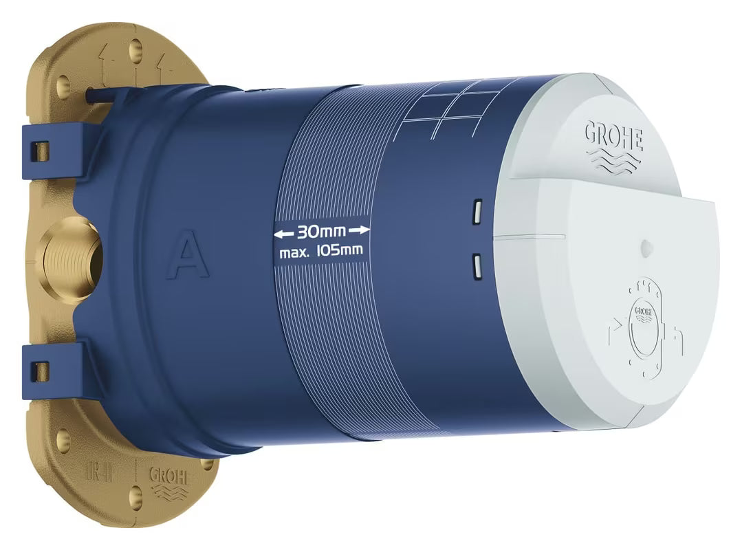 Podomítkové těleso Grohe Rainshower pro set hlavové sprchy se 2 vstupy DN 15 a omezovačem průtoku Grohe EcoJoy.