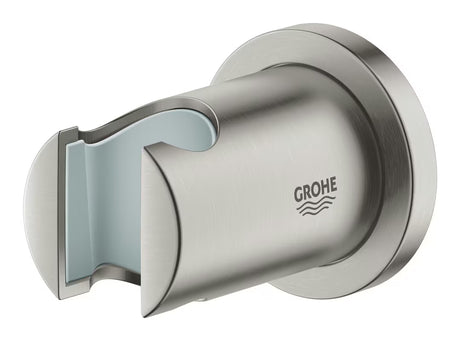 Nástěnný držák sprchy Grohe Rainshower s kruhovou rozetkou v matném nerezovém provedení SuperSteel.