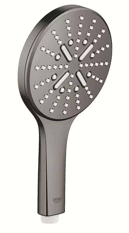 Ruční sprcha Grohe Rainshower 130 SmartActive v povrchu kartáčovaný Hard Graphite se třemi režimy proudu.