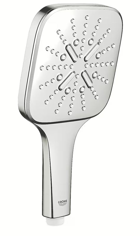 Ruční sprcha Grohe Rainshower 130 SmartActive Cube v povrchu supersteel se třemi režimy proudu.