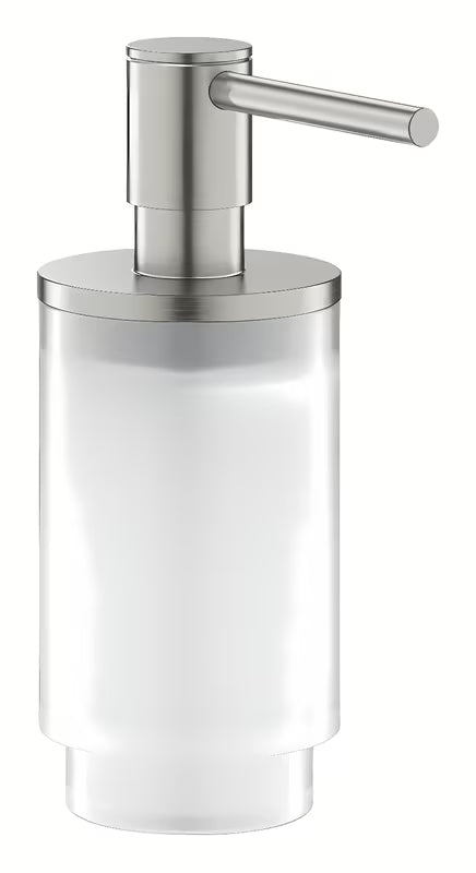 Dávkovač mýdla Grohe Selection v provedení supersteel z kombinace skla a kovu.