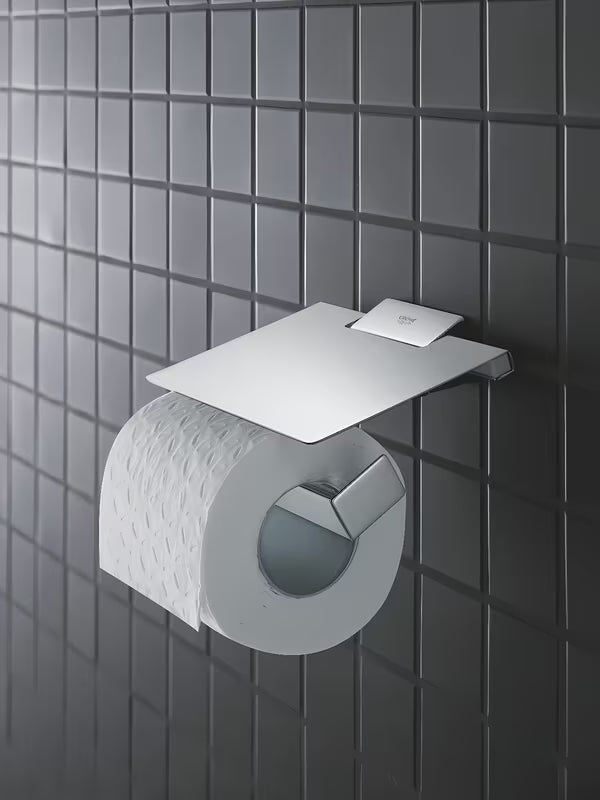 Chromuotas tualetinio popieriaus laikiklis Grohe Selection Cube su dangteliu su paslėptu tvirtinimu prie sienos.