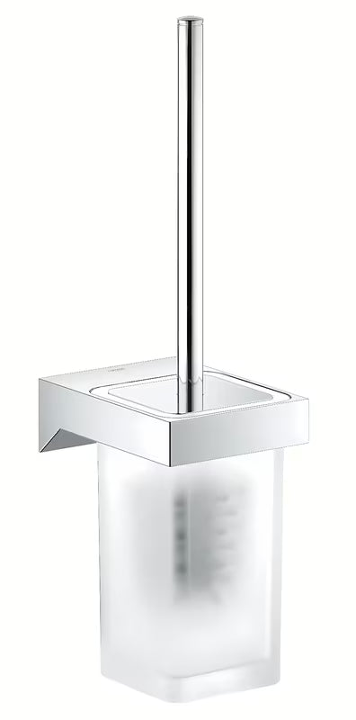 Nástěnná WC štětka Grohe Selection Cube v chromu se skrytým upevněním a držákem ze skla a kovu.