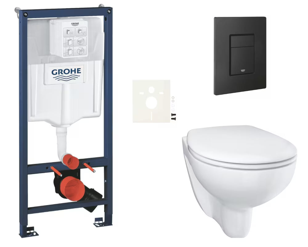 Závěsný WC set Grohe Bau Ceramic s instalačním modulem Rapid SL a černým tlačítkem Even