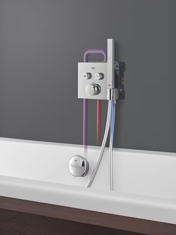 Podomítková termostatická sprchová baterie Grohe Grohtherm SmartControl v chromovém hranatém designu.