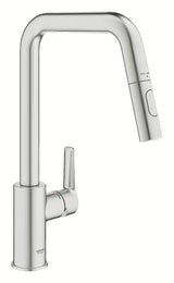 Dřezová baterie Grohe Start 2021 v provedení supersteel s vysokou otočnou výpustí a vytahovací sprškou.