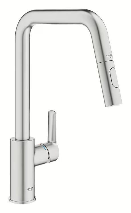 Dřezová baterie Grohe Start 2021 v provedení supersteel s vysokou otočnou výpustí a vytahovací sprškou.