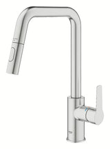 Dřezová baterie Grohe Start 2021 v provedení supersteel s vysokou otočnou výpustí a vytahovací sprškou.