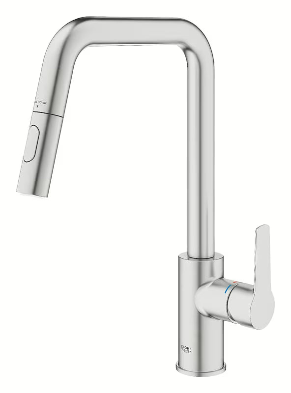 Dřezová baterie Grohe Start 2021 v provedení supersteel s vysokou otočnou výpustí a vytahovací sprškou.