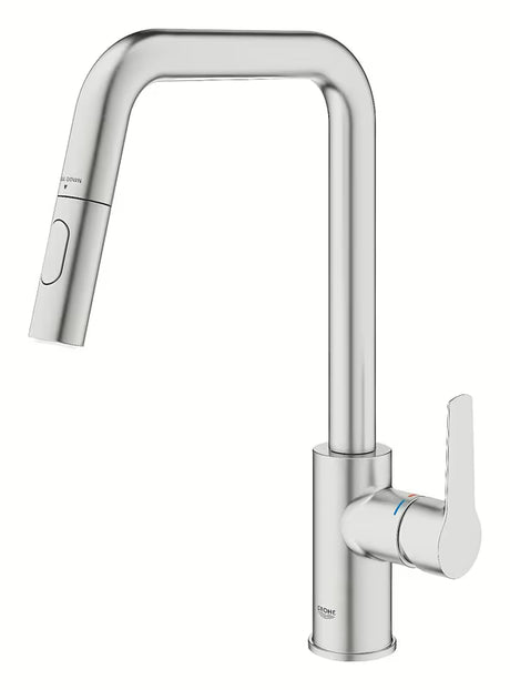 Dřezová baterie Grohe Start 2021 v provedení supersteel s vysokou otočnou výpustí a vytahovací sprškou.