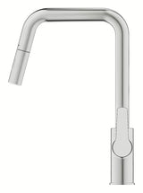 Dřezová baterie Grohe Start 2021 v provedení supersteel s vysokou otočnou výpustí a vytahovací sprškou.