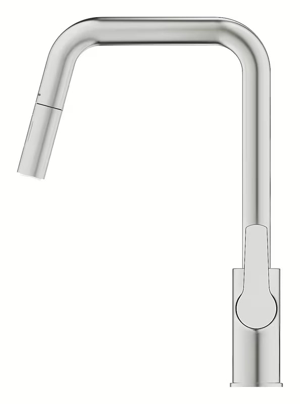 Dřezová baterie Grohe Start 2021 v provedení supersteel s vysokou otočnou výpustí a vytahovací sprškou.