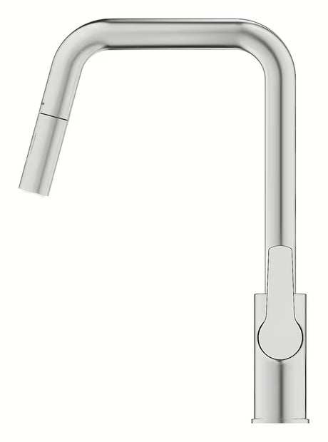 Dřezová baterie Grohe Start 2021 v provedení supersteel s vysokou otočnou výpustí a vytahovací sprškou.