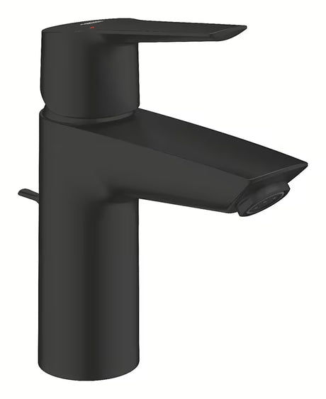 Matně černá páková umyvadlová baterie Grohe Start se stojánkovou montáží a výpustí.