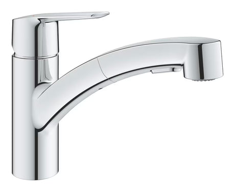 Chromová dřezová baterie Grohe Start s nízkou otočnou výpustí a vytahovací duální sprškou