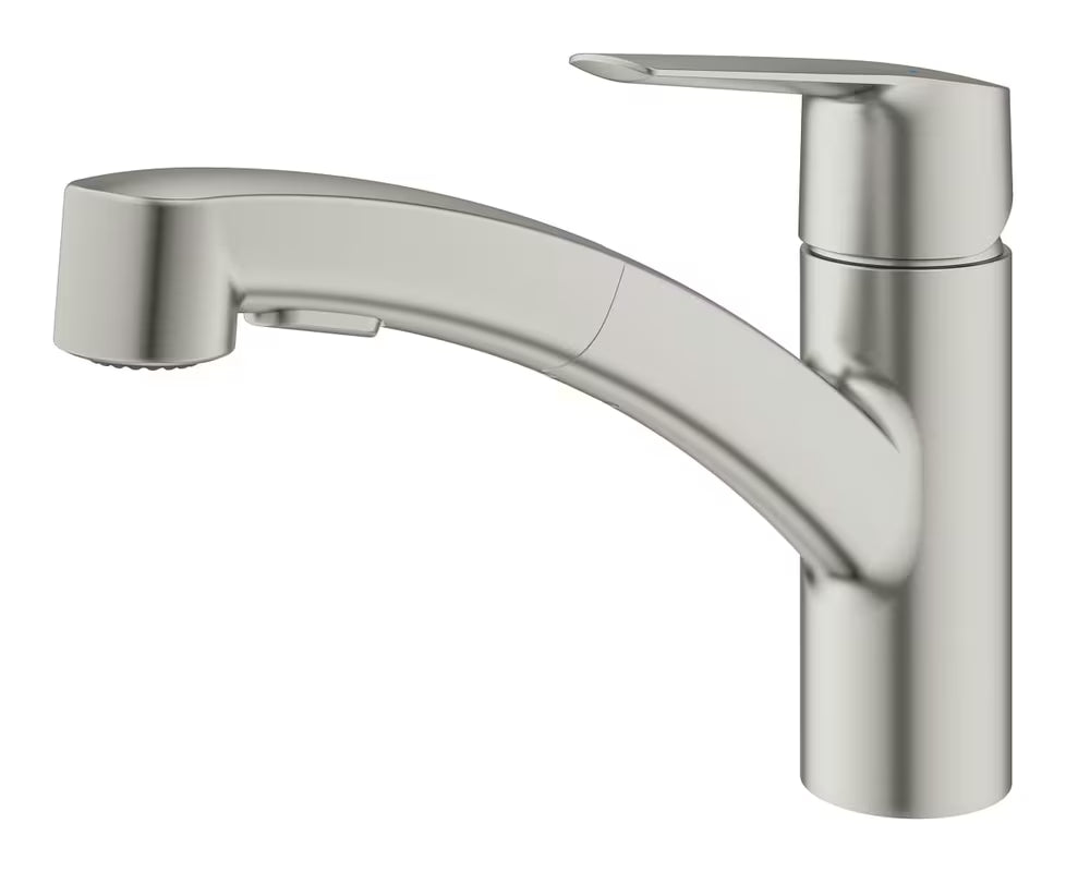 Dřezová páková baterie Grohe Start supersteel s vytahovací duální sprškou a otočnou výpustí