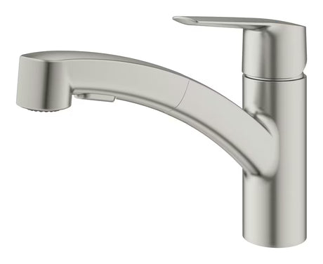 Dřezová páková baterie Grohe Start supersteel s vytahovací duální sprškou a otočnou výpustí