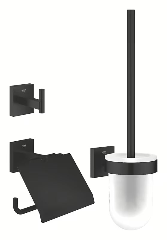 Grohe Start Cube sada koupelnových doplňků v matné černé barvě s držákem papíru, háčkem a WC štětkou.