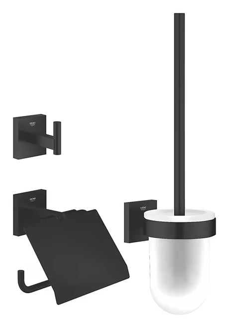 Grohe Start Cube sada koupelnových doplňků v matné černé barvě s držákem papíru, háčkem a WC štětkou.