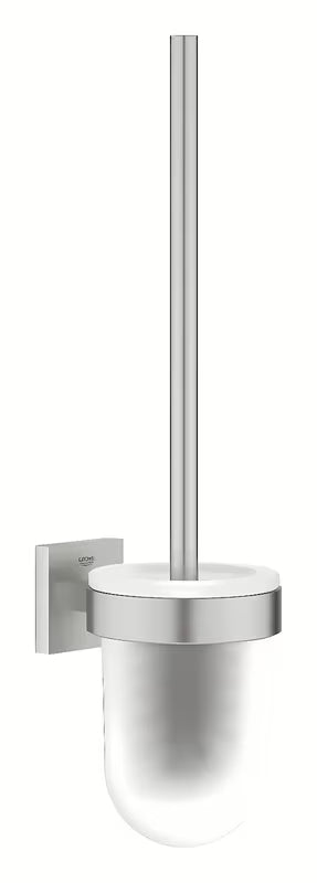 Nástěnná WC štětka Grohe Start Cube Accessories v provedení supersteel se skleněnou nádobou a skrytým upevněním.