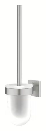 Nástěnná WC štětka Grohe Start Cube Accessories v provedení supersteel se skleněnou nádobou a skrytým upevněním.