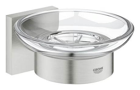 Mýdlenka Grohe Start Cube Accessories v provedení supersteel se skleněnou miskou a skrytým upevněním.