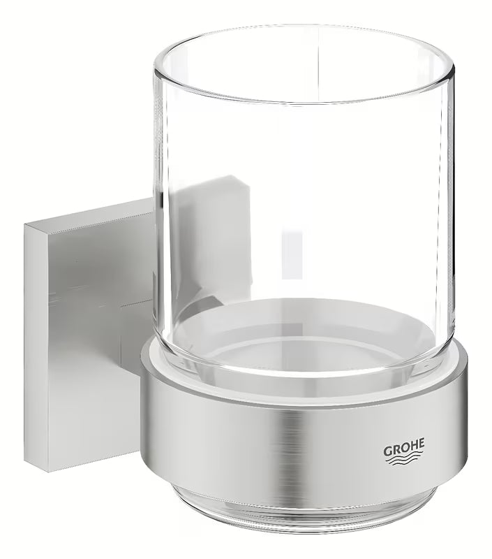 Sklenička s držákem Grohe Start Cube Accessories v provedení supersteel se skrytým upevněním