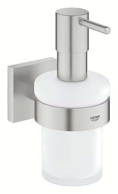 Dávkovač mýdla s držákem Grohe Start Cube Accessories v provedení supersteel se skleněnou nádobkou