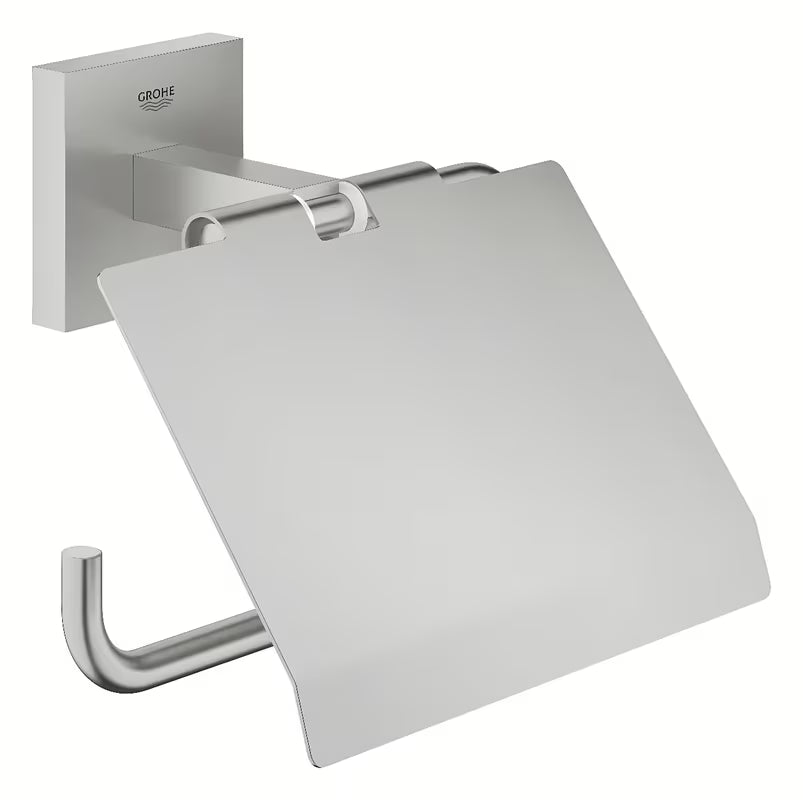 Držák toaletního papíru Grohe Start Cube Accessories v provedení supersteel s krytem a skrytým upevněním.