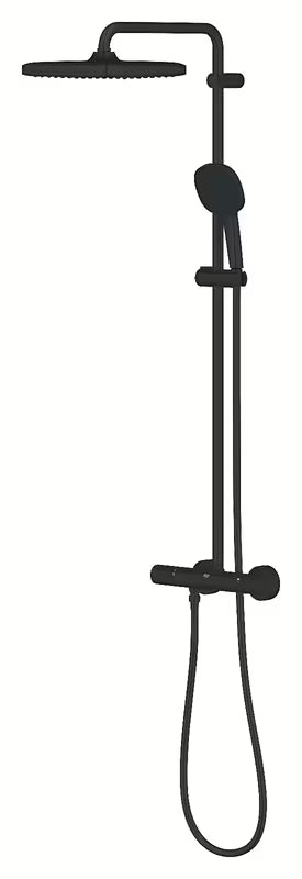 Matně černý sprchový systém Grohe Vitalio Comfort 250 s termostatickou baterií, hlavovou a ruční sprchou