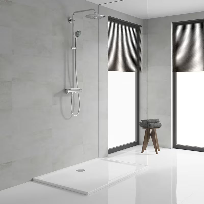 Chromuotas dušo sistema Grohe Vitalio Joy su termostatiniu maišytuvu, su viršutiniu ir rankiniu dušu