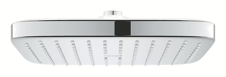 Čtvercová hlavová sprcha Grohe Vitalio Comfort 250 Cube v chromu s proudem Rain a bílým zadním krytem.