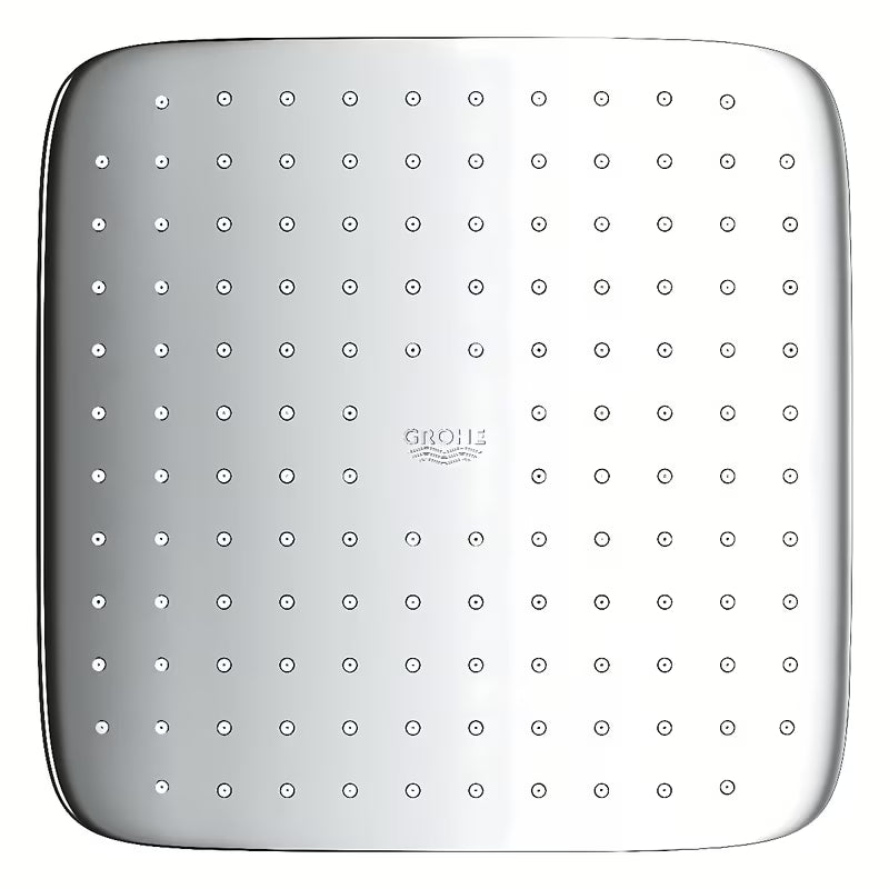 Čtvercová hlavová sprcha Grohe Vitalio Comfort 250 Cube v chromu s proudem Rain a bílým zadním krytem.