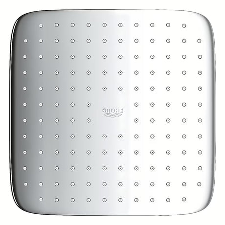 Čtvercová hlavová sprcha Grohe Vitalio Comfort 250 Cube v chromu s proudem Rain a bílým zadním krytem.