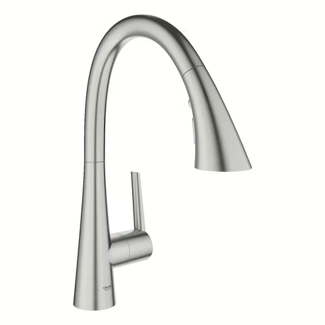 Dřezová baterie Grohe Zedra v provedení supersteel s vysokou C výpustí a vytahovací sprchou se třemi proudy.