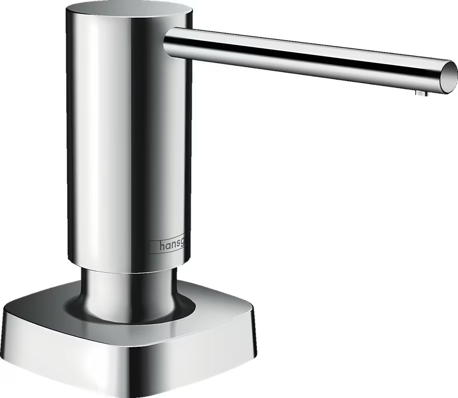 Chromový vestavný dávkovač tekutého mýdla a mycího prostředku hansgrohe A71 s čtvercovou rozetou