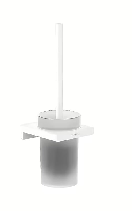 Nástěnná WC štětka hansgrohe AddStoris v matné bílé s držákem z kovu a skleněnou nádobou.
