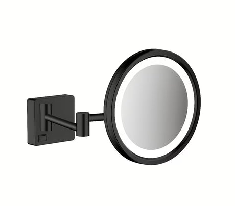 Sklopné kosmetické zrcátko Hansgrohe AddStoris v matné černé s LED osvětlením na stěnu.