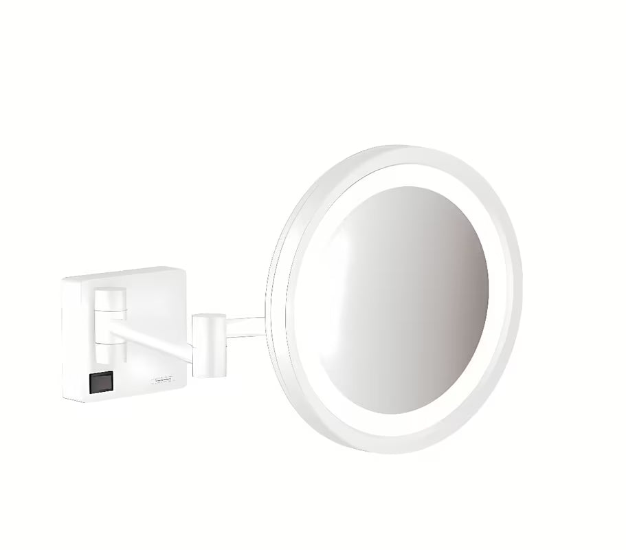 Hansgrohe AddStoris sklopné kosmetické zrcátko s LED osvětlením v matné bílé barvě na stěnu.