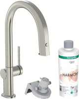 Dřezová kuchyňská baterie Hansgrohe Aqittura ve vzhledu nerezu s filtrem, vytahovacím výtokem a sBoxem