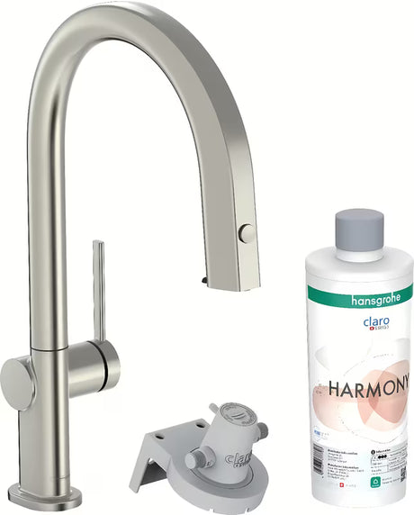 Dřezová kuchyňská baterie Hansgrohe Aqittura ve vzhledu nerezu s filtrem, vytahovacím výtokem a sBoxem